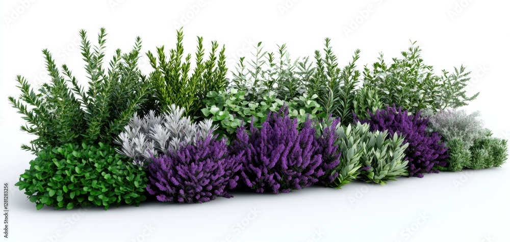 Poster varied green shrubs and purple bushes arranged in a horizontal row against a white background. the i