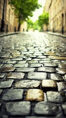 A unique cobbled road featuring a majestic tree standing boldly in the middle of the path