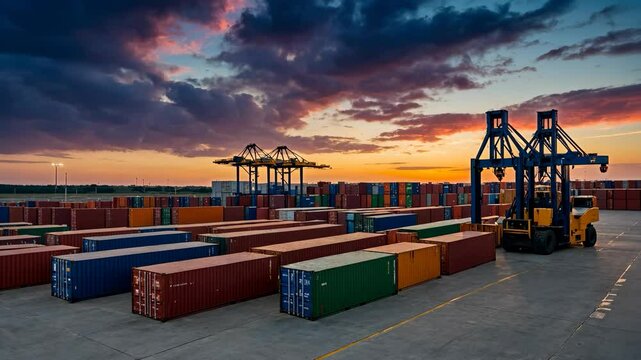 Container Terminal at Sunset, A Symphony of Logistics, Trade, and Global Commerce