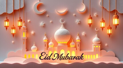 Paper Lanterns and Pink Mosques: An Eid Mubarak Dreamscape - A whimsical paper art illustration celebrating Eid Mubarak
