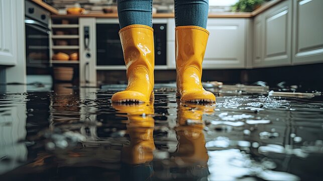 Worker is assessing the damage in a flooded kitchen while wearing yellow boots, with copy space