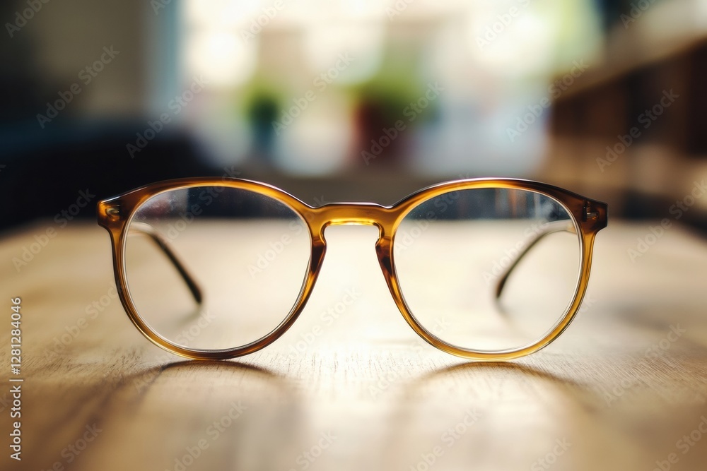 Poster clear framed glasses resting on a wooden table illuminated by natural light in a cozy interior space