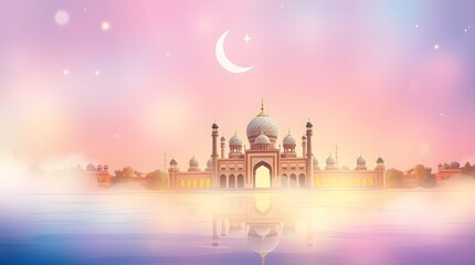 Eid Serenity: Taj Mahal Aglow Under the Crescent Moon -  A captivating illustration evokes the spirit of Ramadan and Eid al-Fitr, featuring the iconic Taj Mahal bathed in soft, ethereal light beneath 