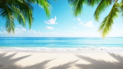 A peaceful beach with white sand, palm trees,  clear blue sky. Gentle waves lapping at the shore, coconut tree shadows on the sand, creating a serene summer atmosphere perfect for relaxatio sunbathing