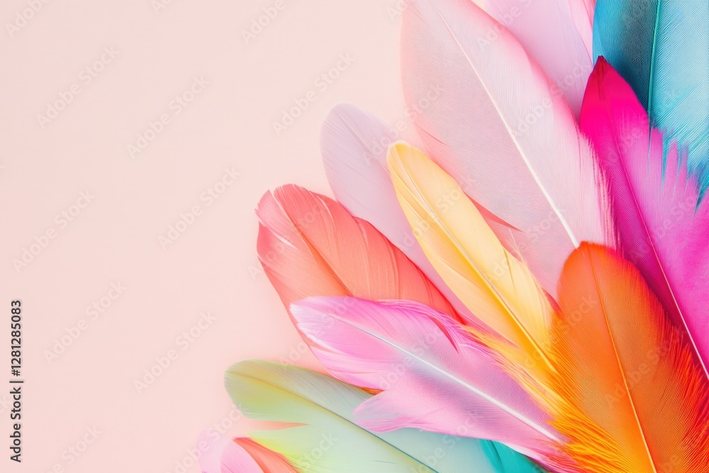 Aufkleber abstract display of vibrant feathers softly overlapping on plain background with ample copy space