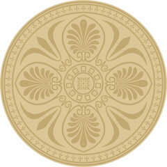 Vector golden classic Greek round ornament. Circle of Ancient Greece and the Roman Empire. Byzantine painting of walls, floors and ceilings. Decoration of European palaces