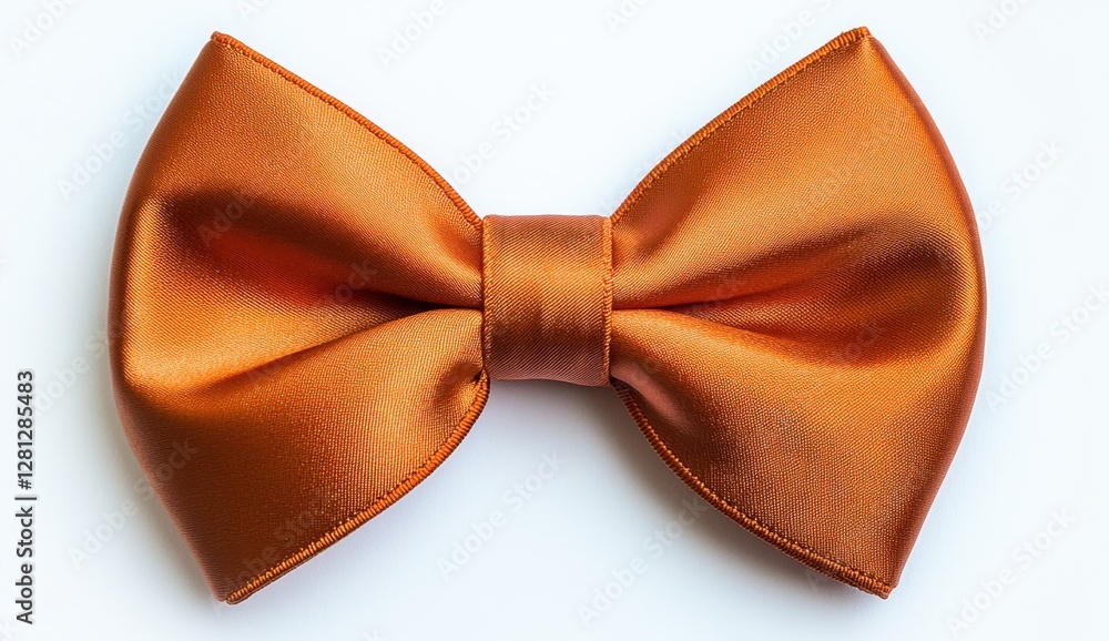 Poster close up view of a metallic orange bow tie, isolated on a white background. the bow is made of a shi