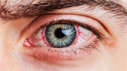 Fototapeta premium A close-up of a human eye showcasing vibrant colors, intricate details, with visible redness around the sclera, highlighting the complexity of human anatomy.