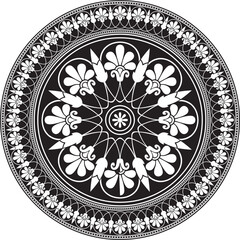 Vector black monochrome classic Greek round ornament. Circle of Ancient Greece and the Roman Empire. Byzantine painting of walls, floors and ceilings. Decoration of European palaces