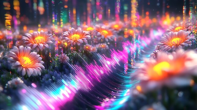 Vibrant Neon Lights Illuminate Glowing Flowers Field