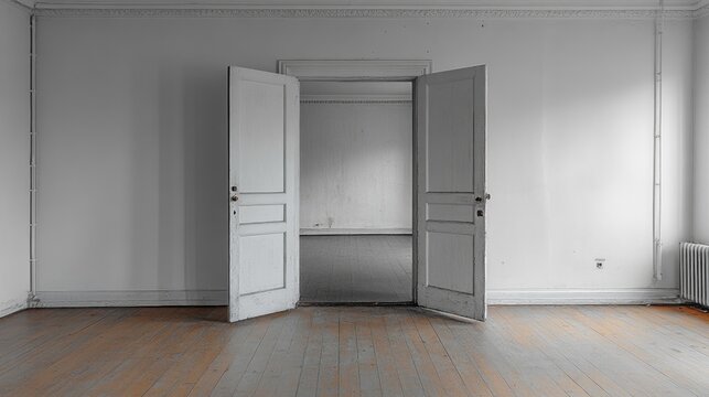 In a softly lit room, double doors stand wide open, inviting natural light to flood the space. The minimalist decor enhances the atmosphere of tranquility and potential