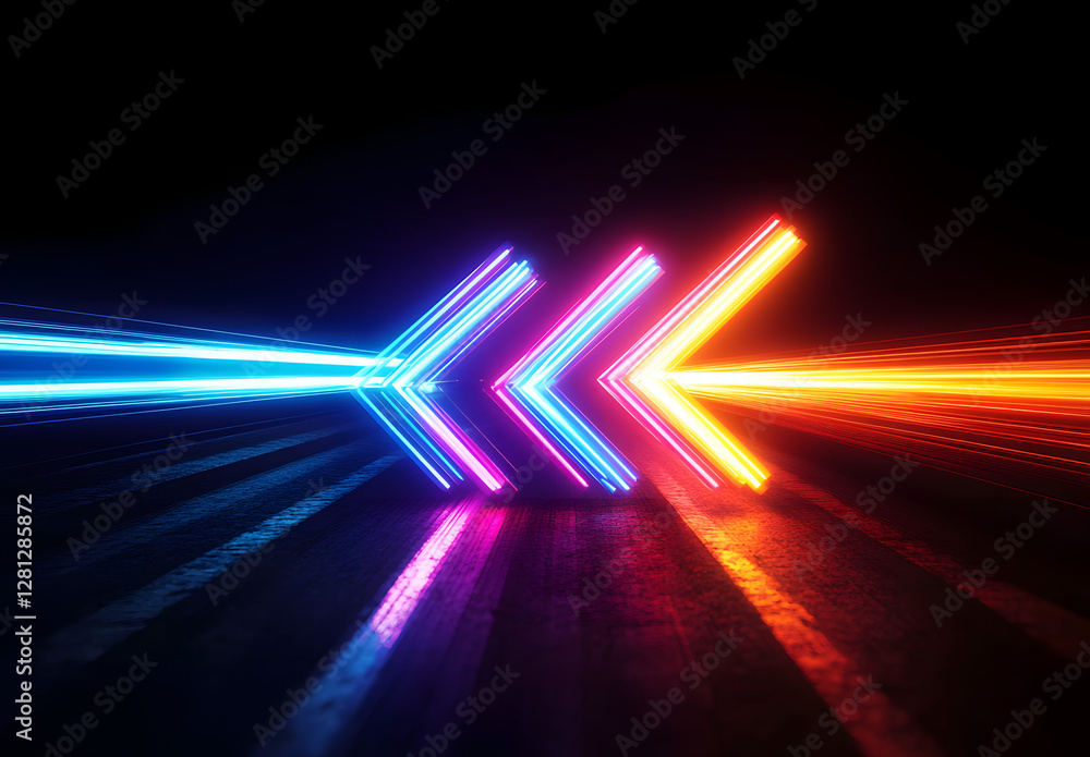 Poster vibrant neon arrow streaks across a dark background, illuminating the path forward with dynamic moti