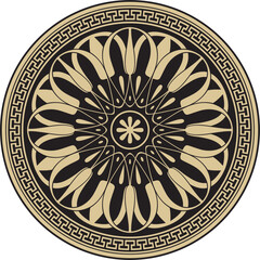 Vector gold with black classic Greek round ornament. Circle of Ancient Greece and the Roman Empire. Byzantine painting of walls, floors and ceilings. Decoration of European palaces