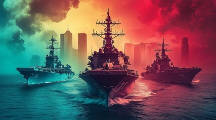 Three imposing warships dominate the scene against city skyline