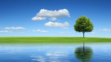 Obraz premium Solitary Tree Reflected in Calm Water Under a Blue Sky