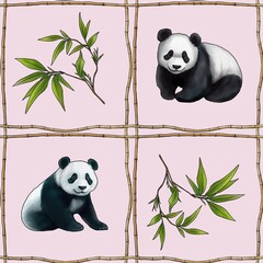 Seamless Pattern Grid with Bamboo Leaves and Panda on Pastel Pink Background