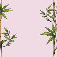 Seamless Pattern Minimal Bamboo Branch Big Design on Pastel Pink Background