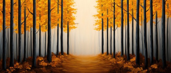 A serene forest pathway lined with tall trees showcasing vibrant autumn leaves, leading into a misty, golden-hued background.