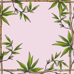 Fototapeta premium Seamless Pattern Bamboo Frame with Green Leaves Big Design on Pastel Pink Background