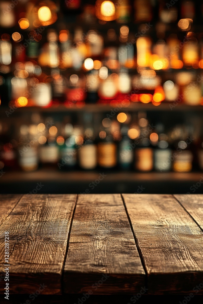 Poster rustic wooden tabletop in a cozy bar setting with blurred liquor bottles and warm bokeh lights creat