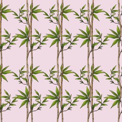 Seamless Bamboo Pattern Sticks Small Design on Pastel Pink Background