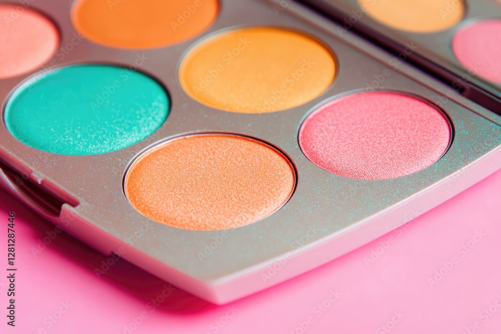 Poster close-up of open makeup palette with array of vivid colors against solid background