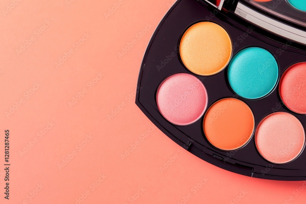 Poster close-up of open makeup palette with array of vivid colors against solid background