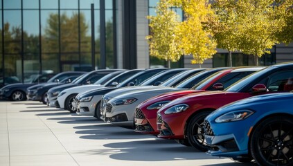 Modern cars lined up outside modern office building