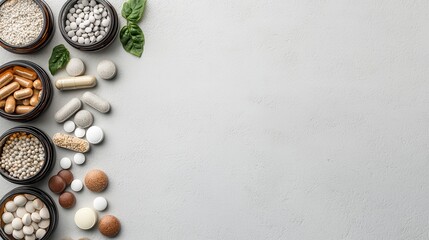 An assortment of herbal ingredients in bowls arranged stylishly on a grey background for culinary inspiration.