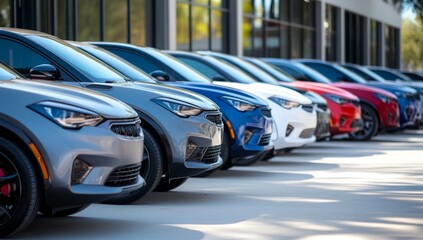 Row of new cars lined up at dealership showroom