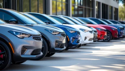 Peel and stick wall murals Row of new cars lined up at dealership showroom