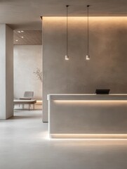 A minimal interior featuring a light illuminated reception desk