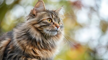Obraz premium Long-haired tabby cat gazing intently with green and gold eyes, symbolizing curiosity and attentiveness. Perfect for animal lovers and pet-related content.