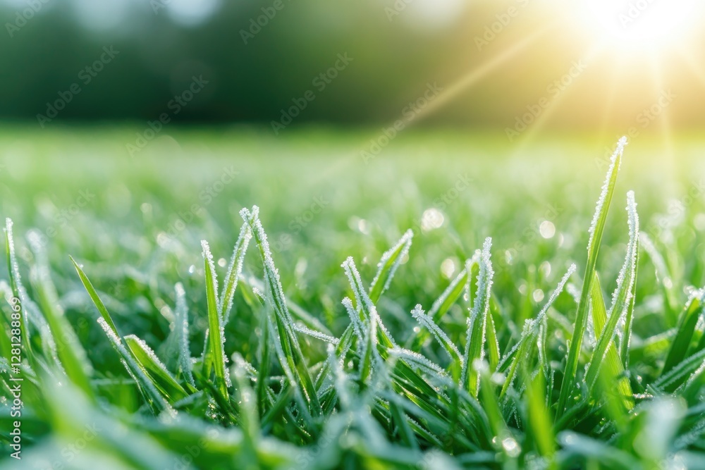 Poster grass with white-tipped blades of frost sparkles under sun creating close-up view of delicate textur