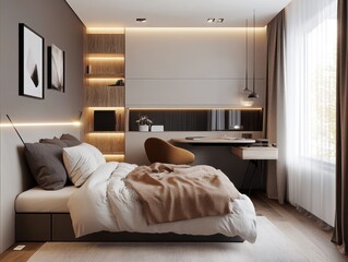 A Modern Bedroom with a Bed and Desk in a House