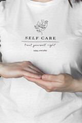 Mindful Self Care Message on White T-shirt with Minimalist Line Art Design