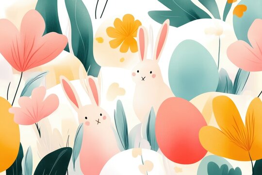 pastel-colored abstract design with easter symbols featuring eggs bunnies and flowers