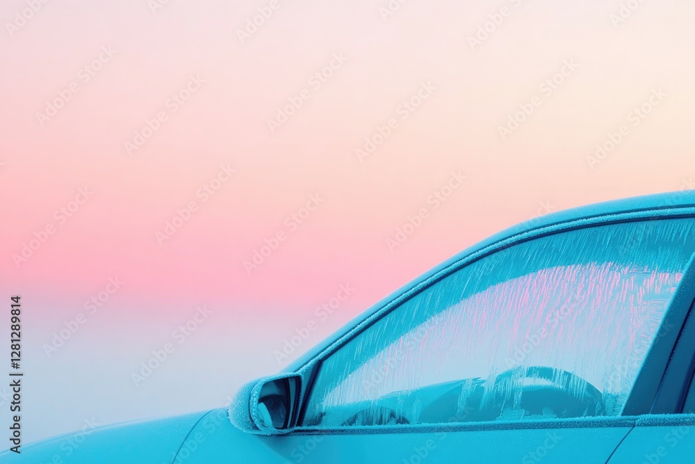 Poster frozen windshield of car reflects soft colors of dawn with intricate frost patterns adding serene to