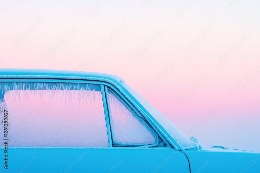 Poster frozen windshield of car reflects soft colors of dawn with intricate frost patterns adding serene to