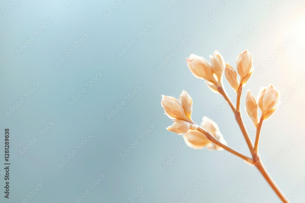 Poster tiny plant buds on branch intricate textures illuminated by soft sunlight in close-up view