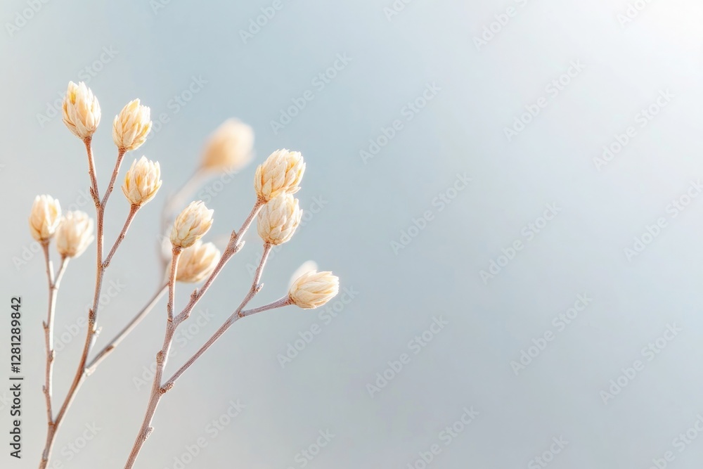 Poster tiny plant buds on branch intricate textures illuminated by soft sunlight in close-up view
