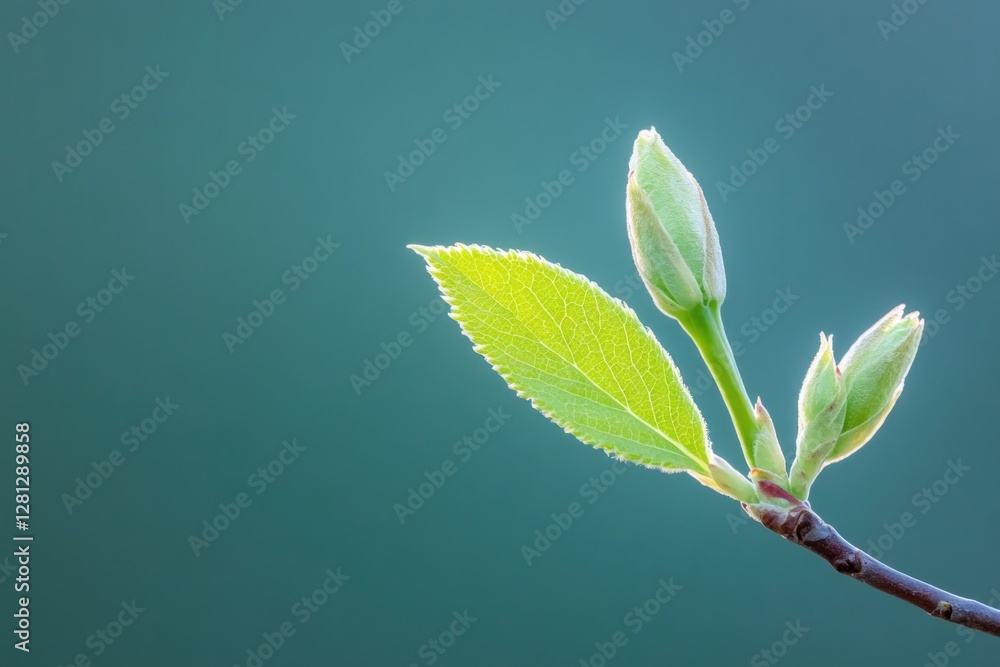 Poster tiny plant buds on branch intricate textures illuminated by soft sunlight in close-up view