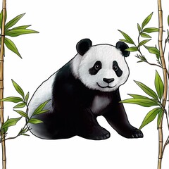 Seamless Bamboo Pattern Sticks and Panda Big Design on White Background