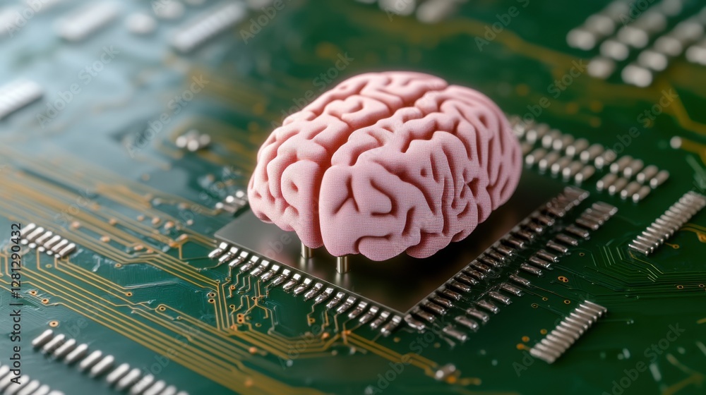 Poster pink brain model on a green circuit board, representing artificial intelligence or neural networks. 