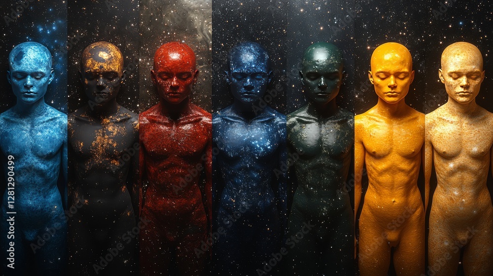 Poster seven cosmic figures, each with unique celestial textures, stand in a row against a dark background.