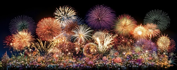 Fototapeta premium A vibrant display of colorful fireworks illuminating the night sky, creating a festive and celebratory atmosphere.