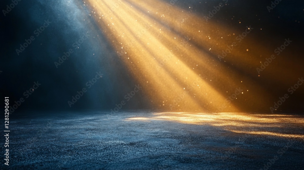 Poster bright, golden beams of light break through a veil of darkness, illuminating the damp ground and cre