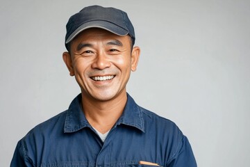 Happy Smiling Asian Man Wearing Blue Work Uniform Cap Portrait Studio Shot Professional Worker Friendly Service Excellent Service Quality Happy Customer Care Positive Attitude Cheerful Person job team