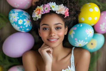 Fototapeta premium Celebrating spring with colorful easter eggs and floral headband