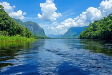 Fototapeta premium Serene river journey through lush Amazon rainforest with majestic mountains and vibrant green vegetation under a clear blue sky